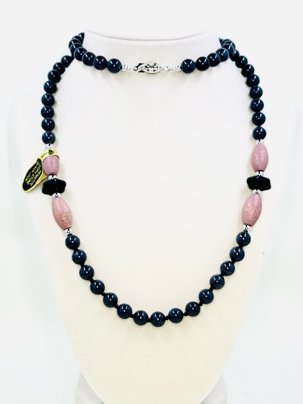 Genuine Black Jade Hematite & Ivory Stone Beaded Necklace W/Vintage Clasp 30”
